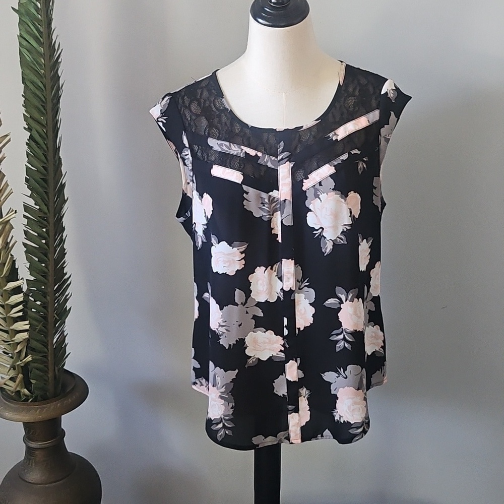Candie's Black Blouse with Pink, Gray, and White Floral Print and Lace Inserts